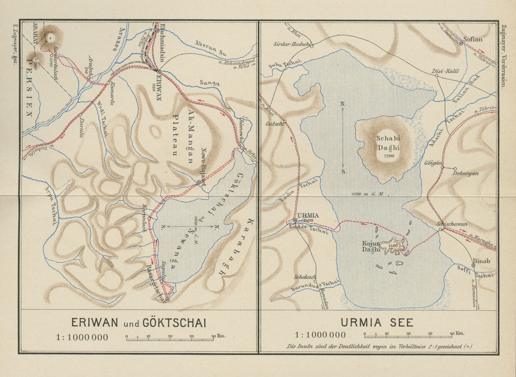 Map of Eriwan Yerevan and Göktscahi Sevan Lake; Lake Urmia 1905