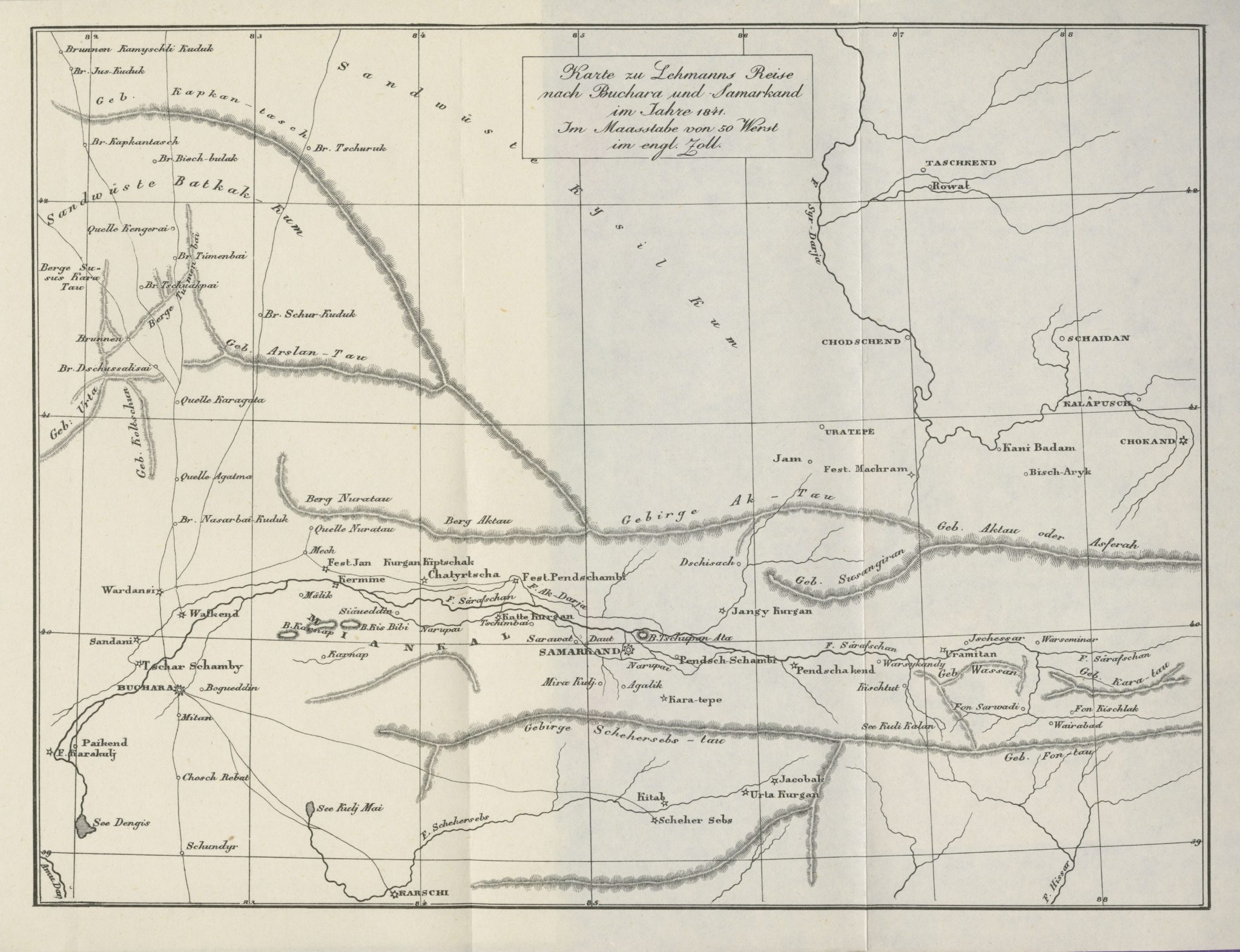 The travel route of Lehmanns to Bukhara and Samarkand in 1841