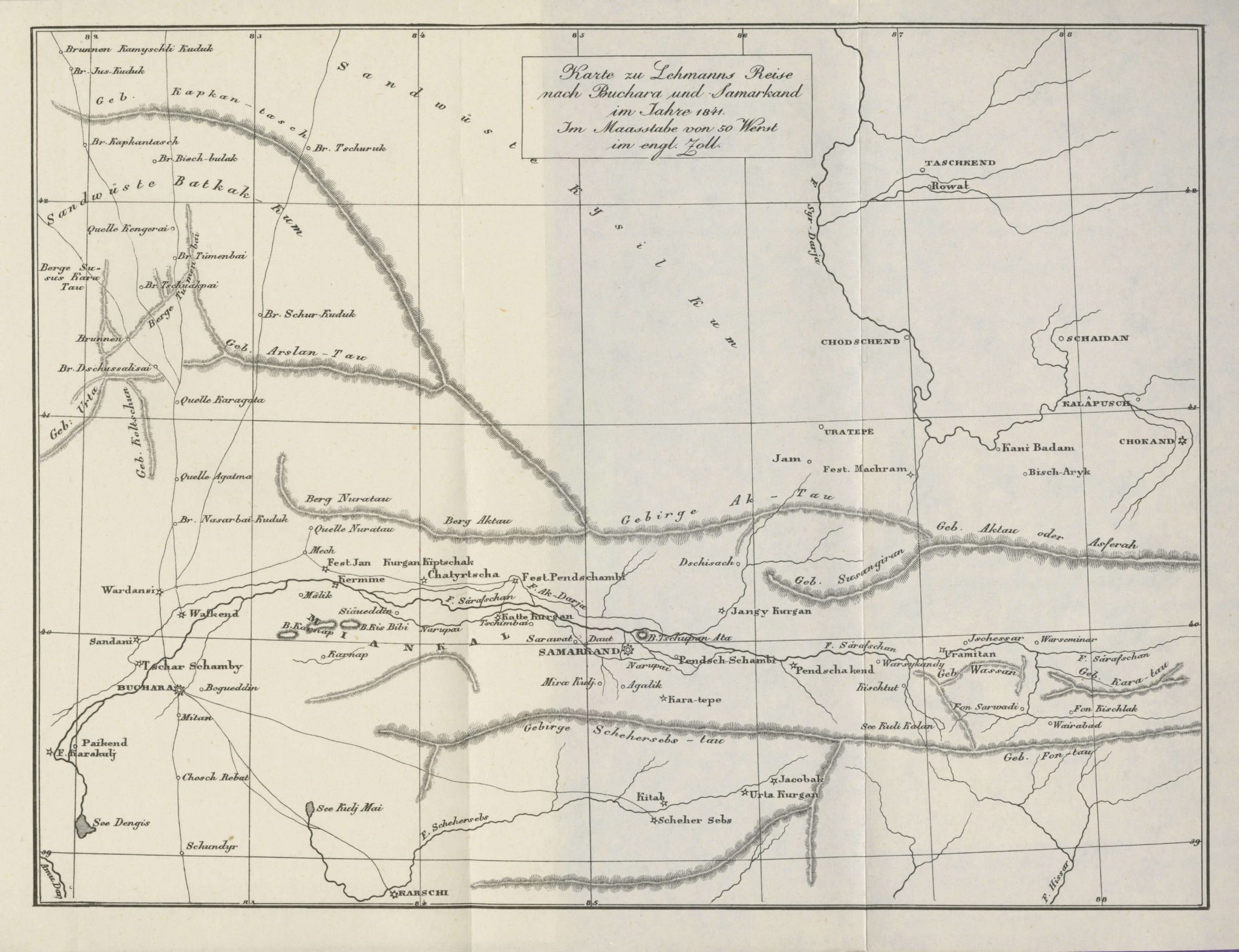 The travel route of Lehmanns to Bukhara and Samarkand in 1841