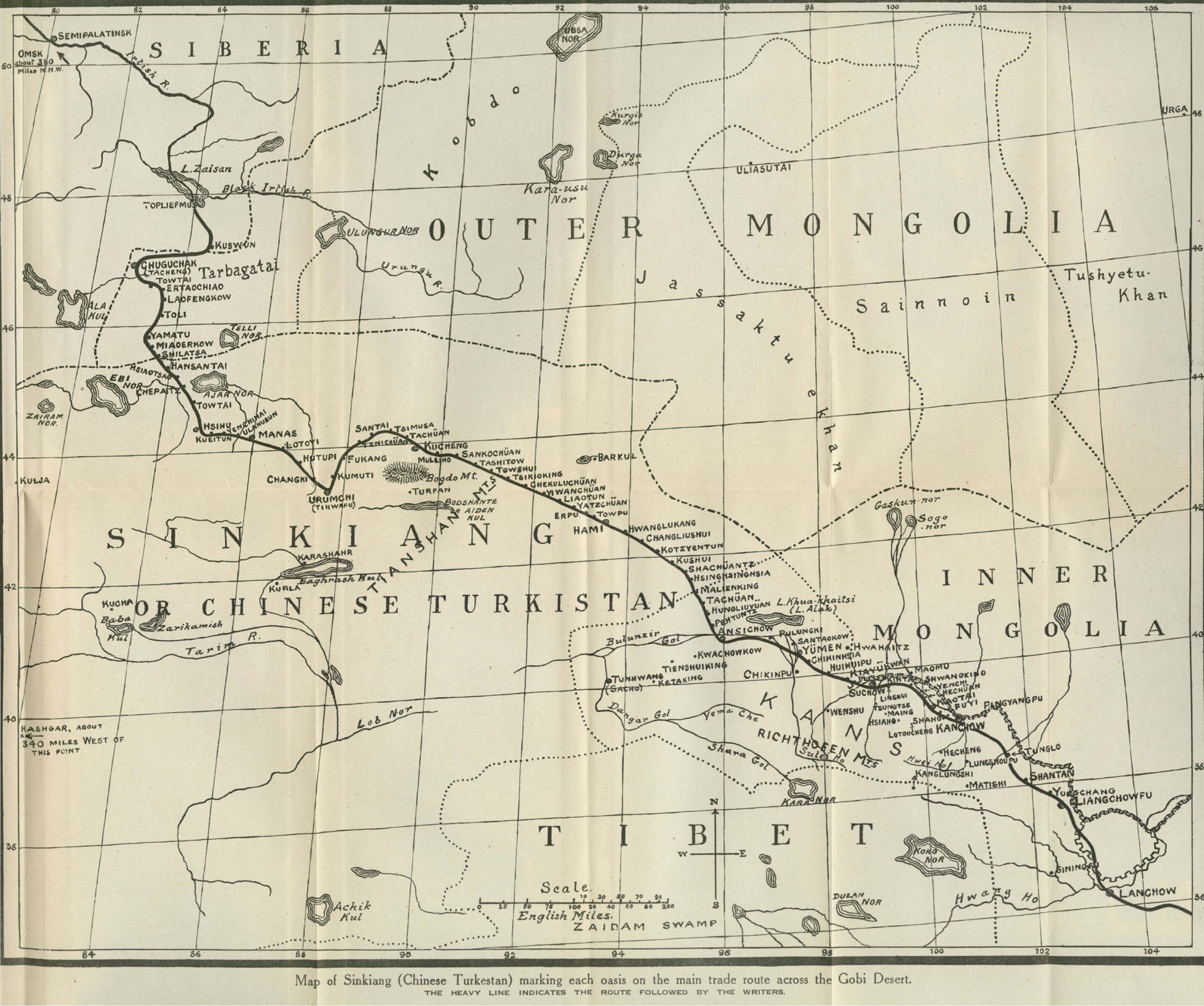 Map of Sinkiang Chinese Turkestan marking each oasis on the main trade route across the Gobi Desert 1927
