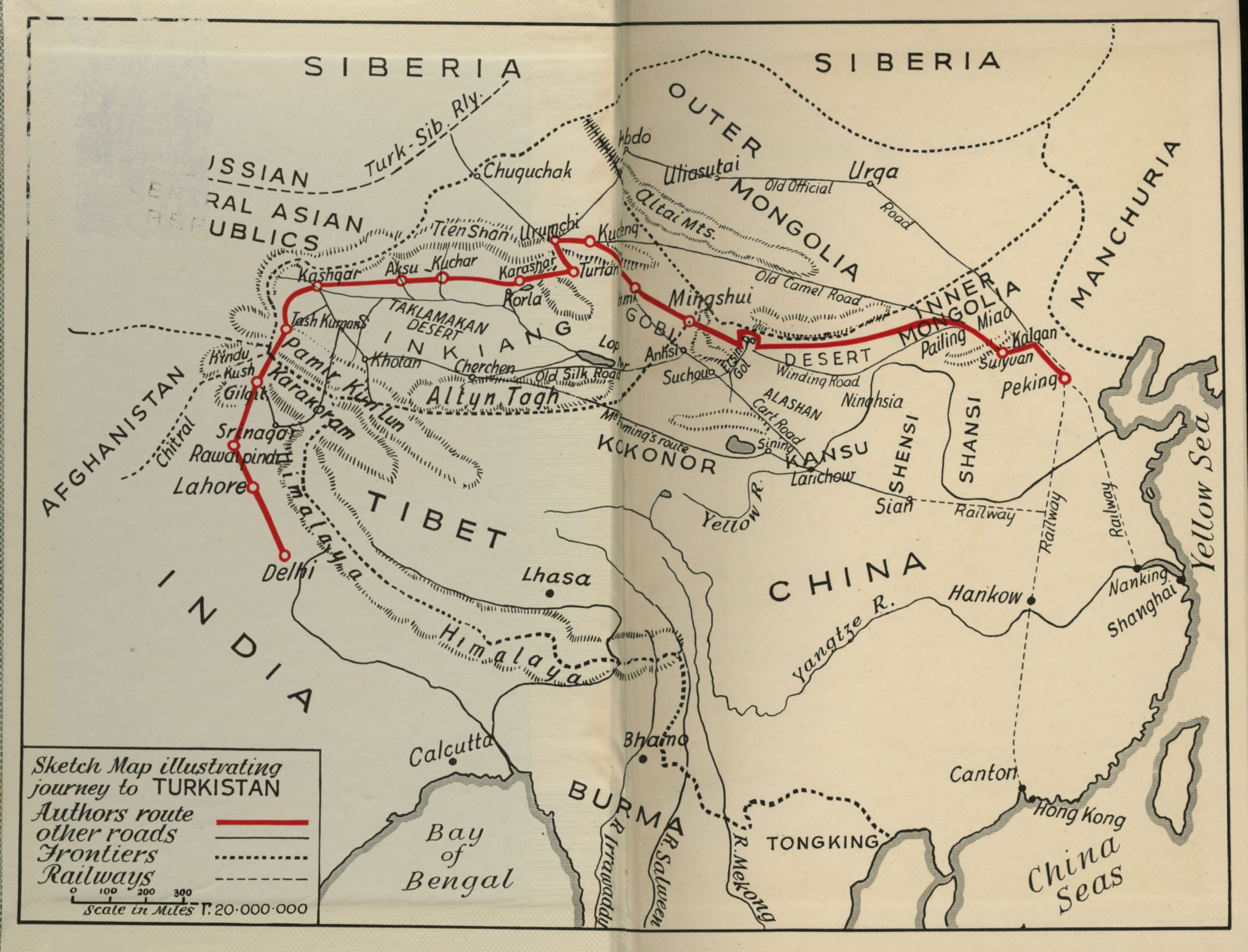 Sketch map illustrating journey to Turkistan 1937