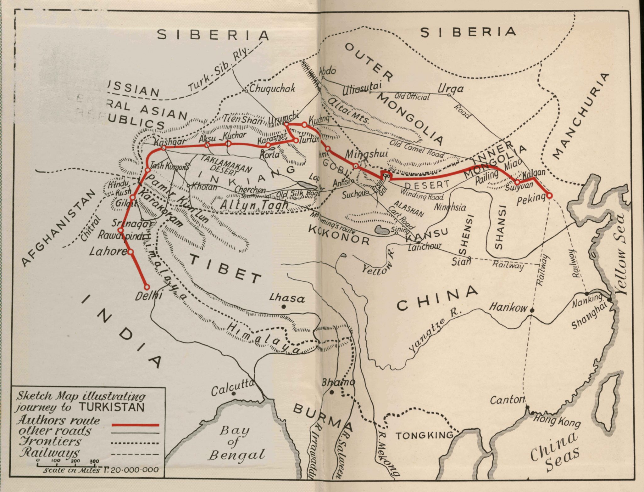 Sketch map illustrating journey to Turkistan 1937