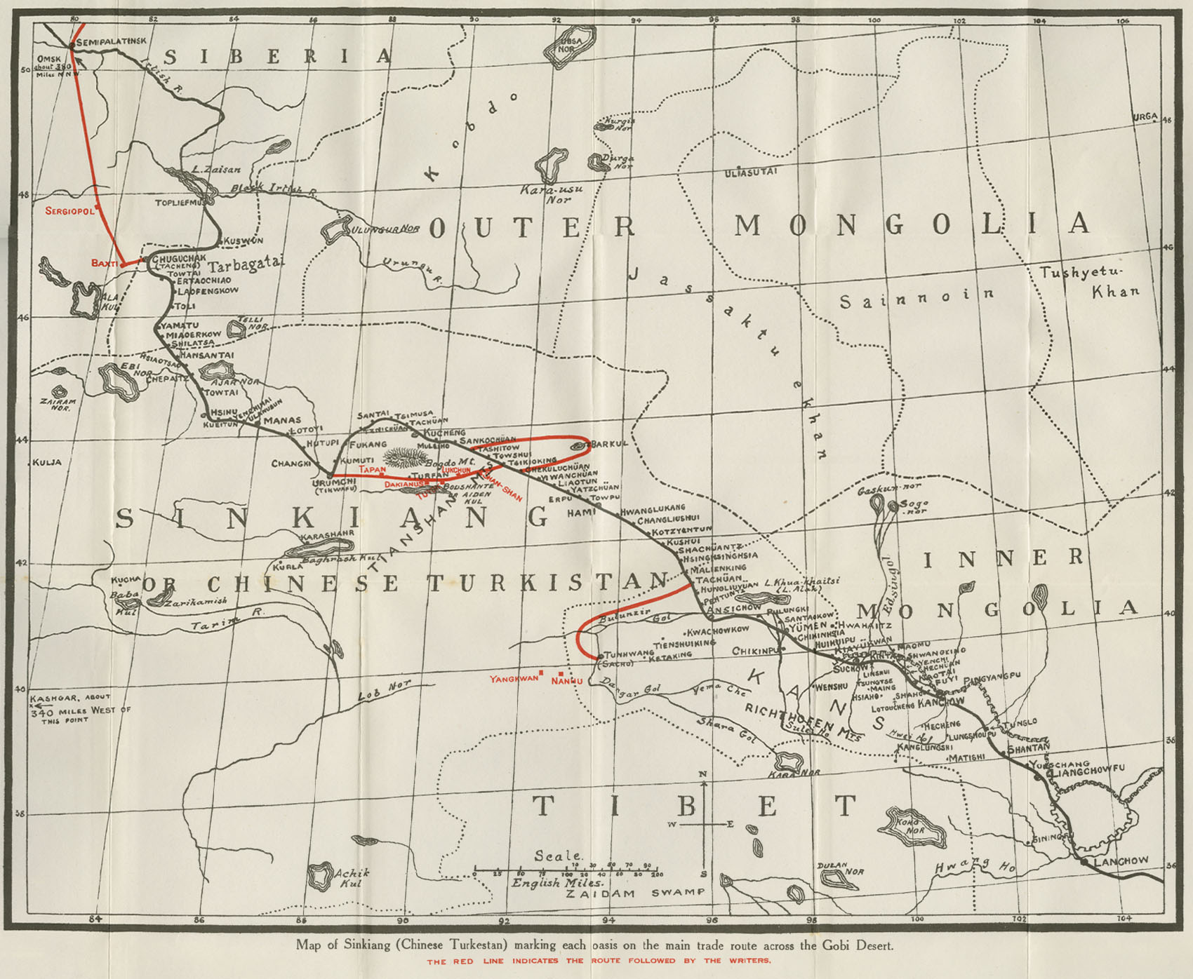 Map of Sinkiang (Chinese Turkestan) marking each oasis on the main trade route across the Gobi Desert 1934