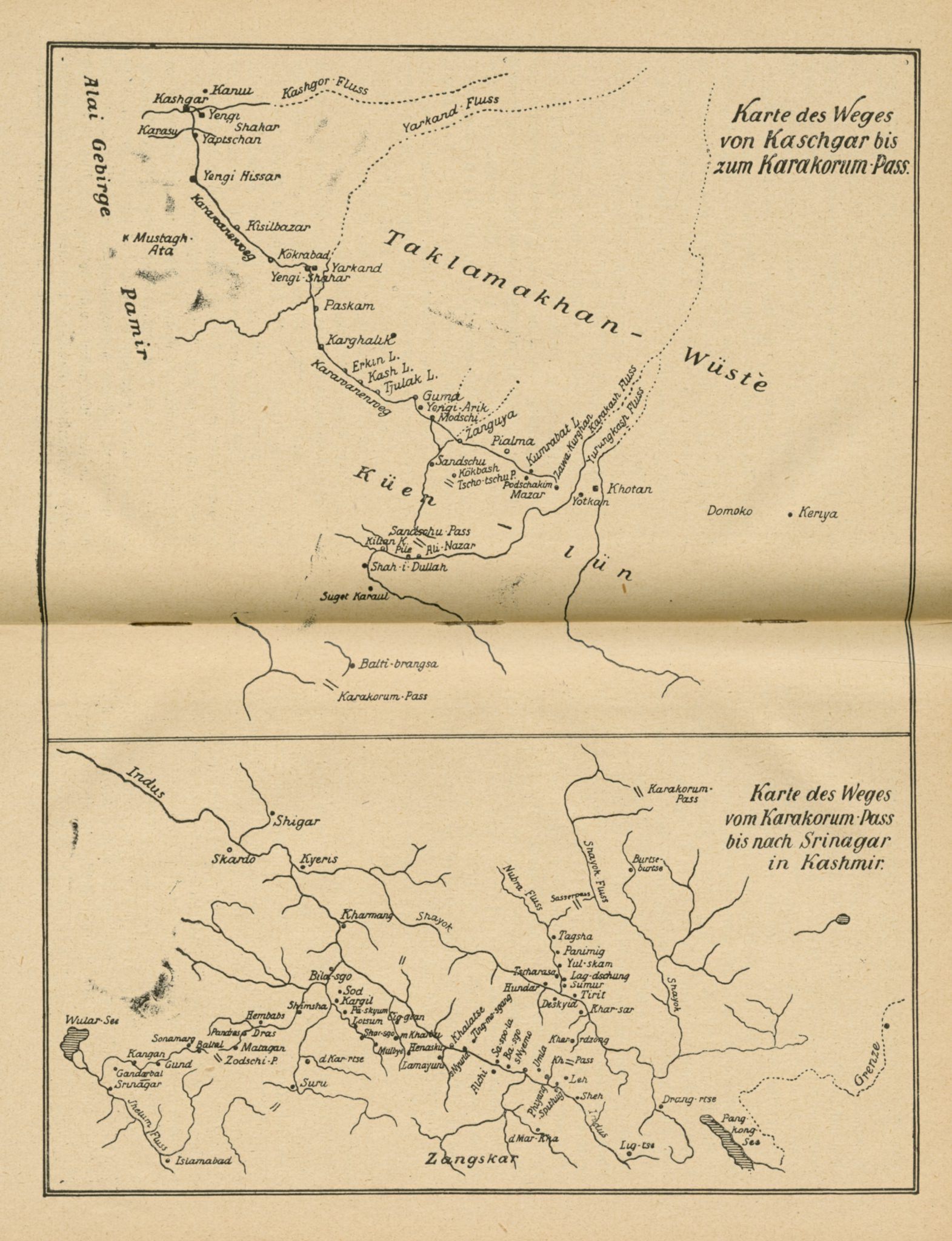 Map of the route from Kashgar to the Karakorum pass, and to Srinagar 1921